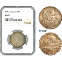 AK638, Greece, Democracy, 20 Drachmai 1930, Silver, NGC MS63