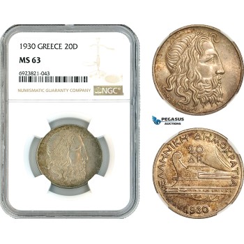 AK638, Greece, Democracy, 20 Drachmai 1930, Silver, NGC MS63 AK638, Greece, Democracy, 20 Drachmai 1930, Silver, NGC MS63