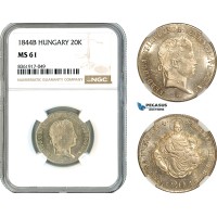 AK641, Hungary, Ferdinand V, 20 Krajczar 1844 B, Kremnitz Mint, Silver, NGC MS61