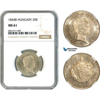 AK641, Hungary, Ferdinand V, 20 Krajczar 1844 B, Kremnitz Mint, Silver, NGC MS61
