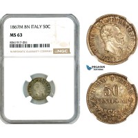 AK642, Italy, Vit. Emanuelle II, 50 Centesimi 1867 M, Milan Mint, Silver, NGC MS63