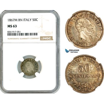 AK642, Italy, Vit. Emanuelle II, 50 Centesimi 1867 M, Milan Mint, Silver, NGC MS63