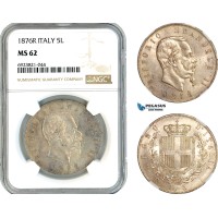 AK643, Italy, Vitt. Emanuele II, 5 Lire 1876 R, Rome Mint, Silver, NGC MS62