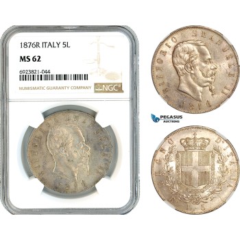 AK643, Italy, Vitt. Emanuele II, 5 Lire 1876 R, Rome Mint, Silver, NGC MS62