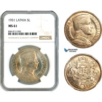 AK644, Latvia, 5 Lati 1931, Silver, NGC MS61