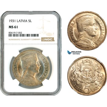 AK644, Latvia, 5 Lati 1931, Silver, NGC MS61