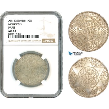 AK647, Morocco, Yusuf, 1/2 Rial AH1336­ (1918) Paris Mint, Silver, NGC MS62