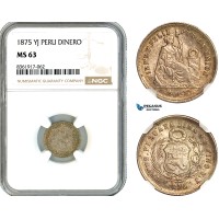 AK649, Peru, 1 Dinero 1875 YJ, Lima Mint, Silver, NGC MS63