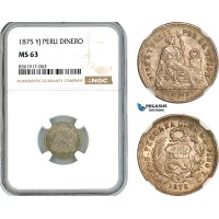 AK650, Peru, 1 Dinero 1875 YJ, Lima Mint, Silver, NGC MS63