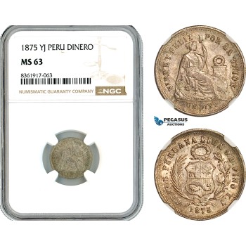 AK650, Peru, 1 Dinero 1875 YJ, Lima Mint, Silver, NGC MS63