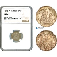 AK651, Peru, 1 Dinero 1875 YJ, Lima Mint, Silver, NGC MS63