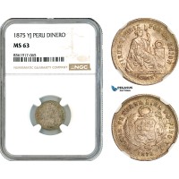 AK652, Peru, 1 Dinero 1875 YJ, Lima Mint, Silver, NGC MS63