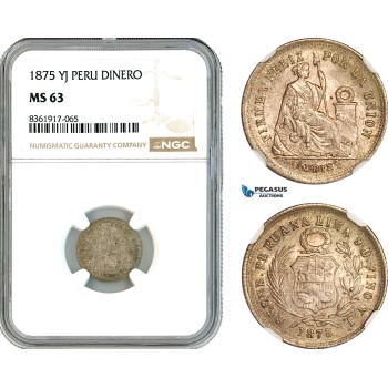 AK652, Peru, 1 Dinero 1875 YJ, Lima Mint, Silver, NGC MS63