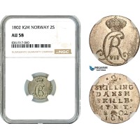 AK653, Norway, Christian VII, 2 Skilling 1802 IGM, Kongsberg Mint, Silver, NGC AU58