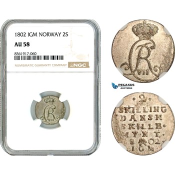 AK653, Norway, Christian VII, 2 Skilling 1802 IGM, Kongsberg Mint, Silver, NGC AU58