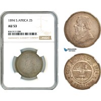 AK663, South Africa, ZAR, 2 Shillings 1894, Pretoria Mint, Silver, NGC AU53