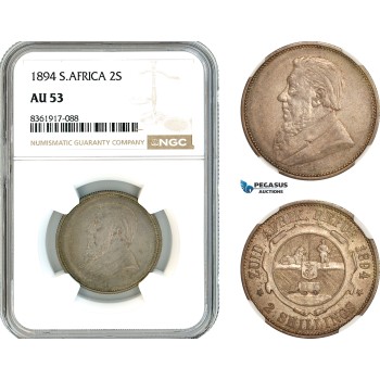 AK663, South Africa, ZAR, 2 Shillings 1894, Pretoria Mint, Silver, NGC AU53