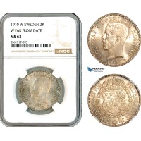 AK664, Sweden, Gustaf V, 2 Kronor 1910 W, Stockholm Mint, W Far From Date, Silver, NGC MS63