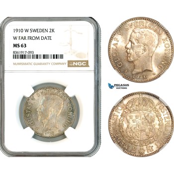 AK664, Sweden, Gustaf V, 2 Kronor 1910 W, Stockholm Mint, W Far From Date, Silver, NGC MS63