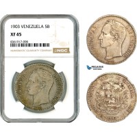 AK665, Venezuela, 5 Bolivares 1903, Philadelphia Mint, Silver, NGC XF45