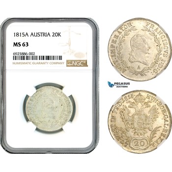 AK667, Austria, Franz II, 20 Kreuzer 1815 A, Vienna Mint, Silver, NGC MS63