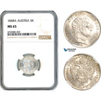 AK668, Austria, Ferdinand I, 5 Kreuzer 1848 A, Vienna Mint, Silver, NGC MS65