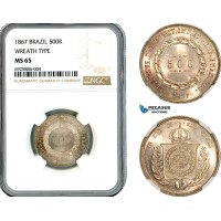 AK669, Brazil, Pedro II, 500 Reis 1867 Wreath Type, Silver, NGC MS65