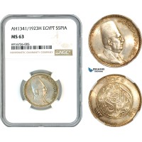 AK681, Egypt, Fuad, 5 Piastres AH1341/1923 H, Heaton Mint, Silver NGC MS63