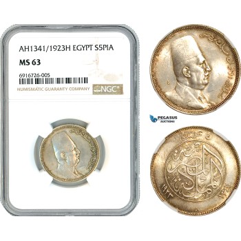 AK681, Egypt, Fuad, 5 Piastres AH1341/1923 H, Heaton Mint, Silver NGC MS63