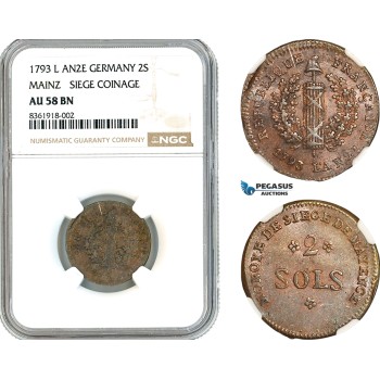 AK682, Germany, Mainz, Frederick Charles Joseph, 2 Sols 1793 L'AN 2, Siege Coinage, NGC AU58BN