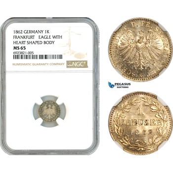 AK684, Germany, Frankfurt, 1 Kreuzer 1862, Eagle With Heart Shaped Body, Silver, NGC MS65