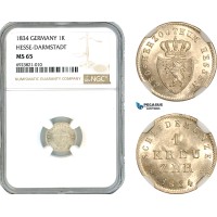 AK687, Germany, Hesse Darmstadt, Ludwig II, 1 Kreuzer 1834, Silver, NGC MS65