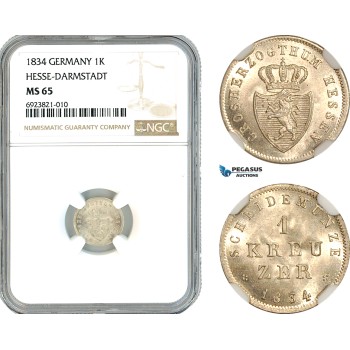 AK687, Germany, Hesse Darmstadt, Ludwig II, 1 Kreuzer 1834, Silver, NGC MS65