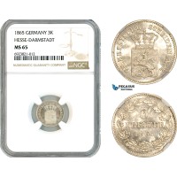 AK688, Germany, Hesse Darmstadt, Ludwig III, 3 Kreuzers 1865, Silver, NGC MS65