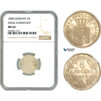 AK689, Germany, Hesse Darmstadt, Ludwig III, 6 Kreuzers 1848, Silver, NGC MS64