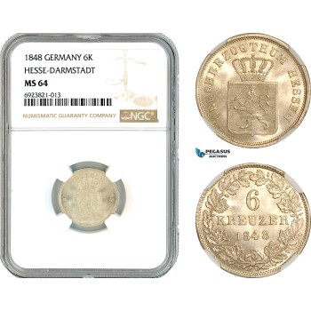 AK689, Germany, Hesse Darmstadt, Ludwig III, 6 Kreuzers 1848, Silver, NGC MS64