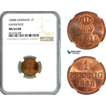 AK691, Germany, Hannover, Ernst August, 1 Pfennig 1848 B, NGC MS64RB