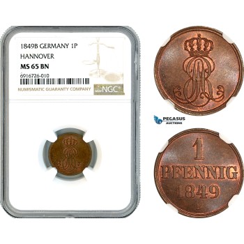 AK693, Germany, Hannover, Ernst August, 1 Pfennig 1849 B, NGC MS65BN