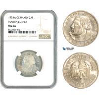 AK694, Germany, Third Reich, 2 Reichsmark 1933 A, Berlin Mint, Martin Luther, Silver, NGC MS64