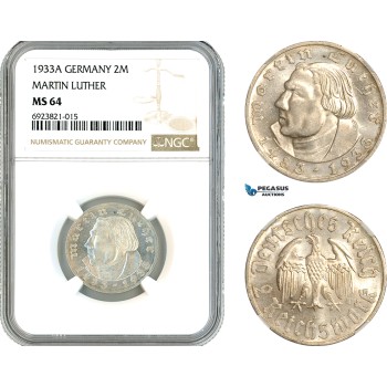 AK694, Germany, Third Reich, 2 Reichsmark 1933 A, Berlin Mint, Martin Luther, Silver, NGC MS64