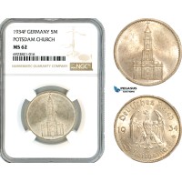 AK695, Germany, Third Reich, 5 Reichsmark 1934 F, Stuttgart Mint, Potsdam Church, Silver, NGC MS62