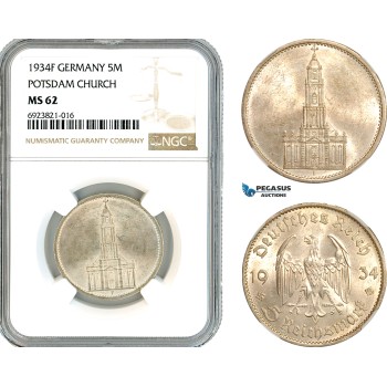 AK695, Germany, Third Reich, 5 Reichsmark 1934 F, Stuttgart Mint, Potsdam Church, Silver, NGC MS62