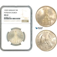 AK696, Germany, Third Reich, 5 Reichsmark 1935 F, Stuttgart Mint, Potsdam Church, Silver, NGC MS62