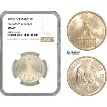 AK696, Germany, Third Reich, 5 Reichsmark 1935 F, Stuttgart Mint, Potsdam Church, Silver, NGC MS62