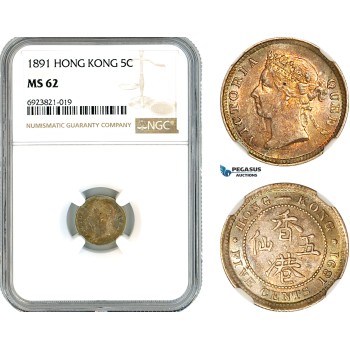 AK699, Hong Kong, Victoria, 5 Cents 1891, London Mint, Silver, NGC MS62