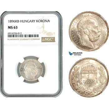 AK702, Hungary, Franz Joseph, 1 Korona 1896 KB, Kremnitz Mint, Silver, NGC MS63