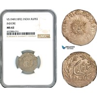AK703, India, Indore, Shah Alam II, 1 Rupee VS1949 (1892) Silver, NGC MS62