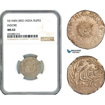 AK703, India, Indore, Shah Alam II, 1 Rupee VS1949 (1892) Silver, NGC MS62