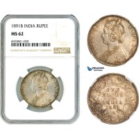 AK704, India (British) Victoria, 1 Rupee 1891 B, Bombay Mint, Silver, NGC MS62