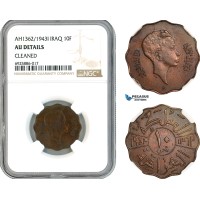 AK706, Iraq, Faisal II, 10 Fils AH1362//1943 I, Bombay Mint, NGC AU Det
